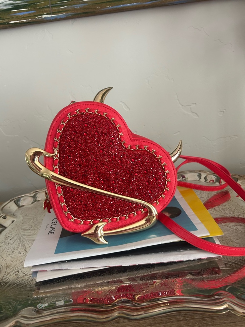 Betsey Johnson Red Glitter Heart Crossbody with Gold Devil Horn Detail